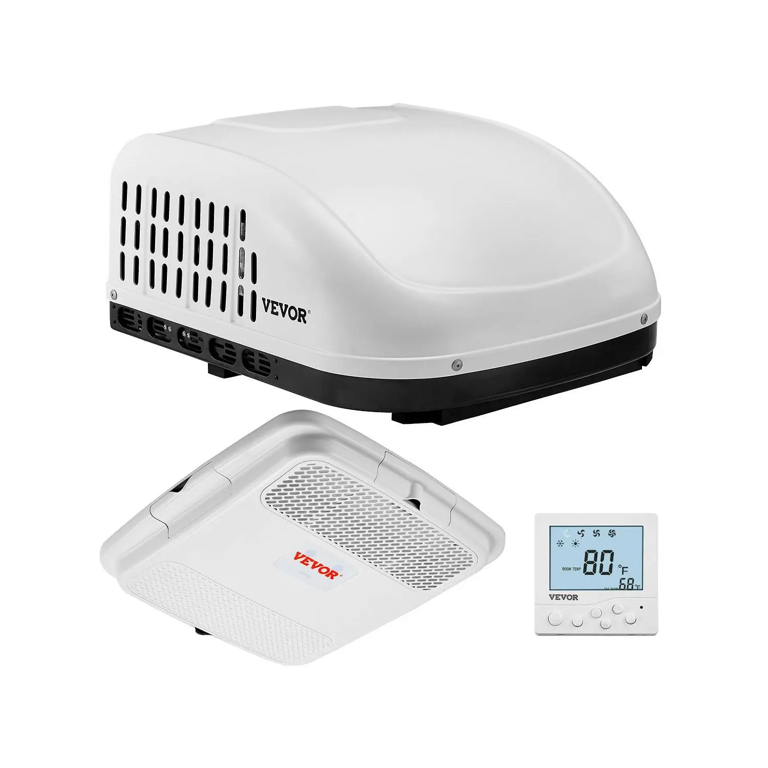 VEVOR Rooftop RV AC Unit, 15000 BTU Non-Ducted Copper Cooling AC Unit, 65 dB Quiet Design, 4395 W, Cools 129 sq. ft, Includes Air Distribution Box, Operation Panel & Installation Hardware, White for Campers, Vans, Trailers