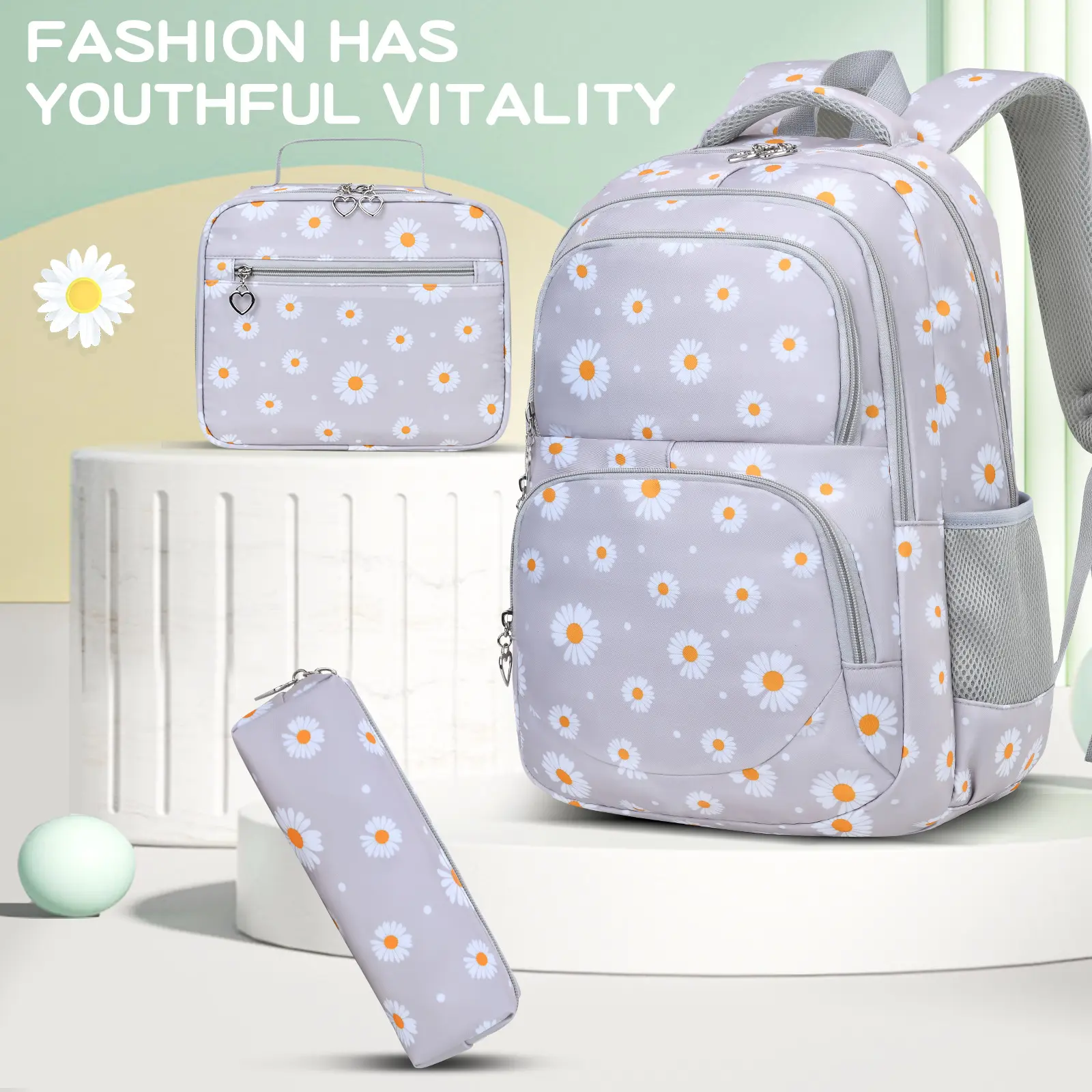 Bestseller 3 Piece Daisy Pattern School Backpack Set for Kids Students Casual Book bag with Lunch Box Bag Pencil Pouch Lightweight Day pack Bundle for School Travel Picnic Weekend Outing Daily Use