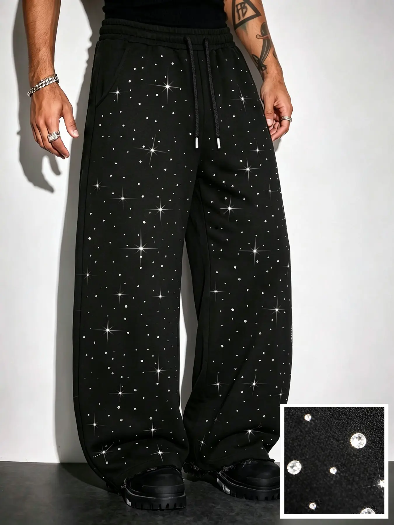 Men's Casual Long Pants, Rhinestone Design, Streetwear Style, Fashion, Drawstring Waist, Fitted, Spring & Fall, Graphic Pattern