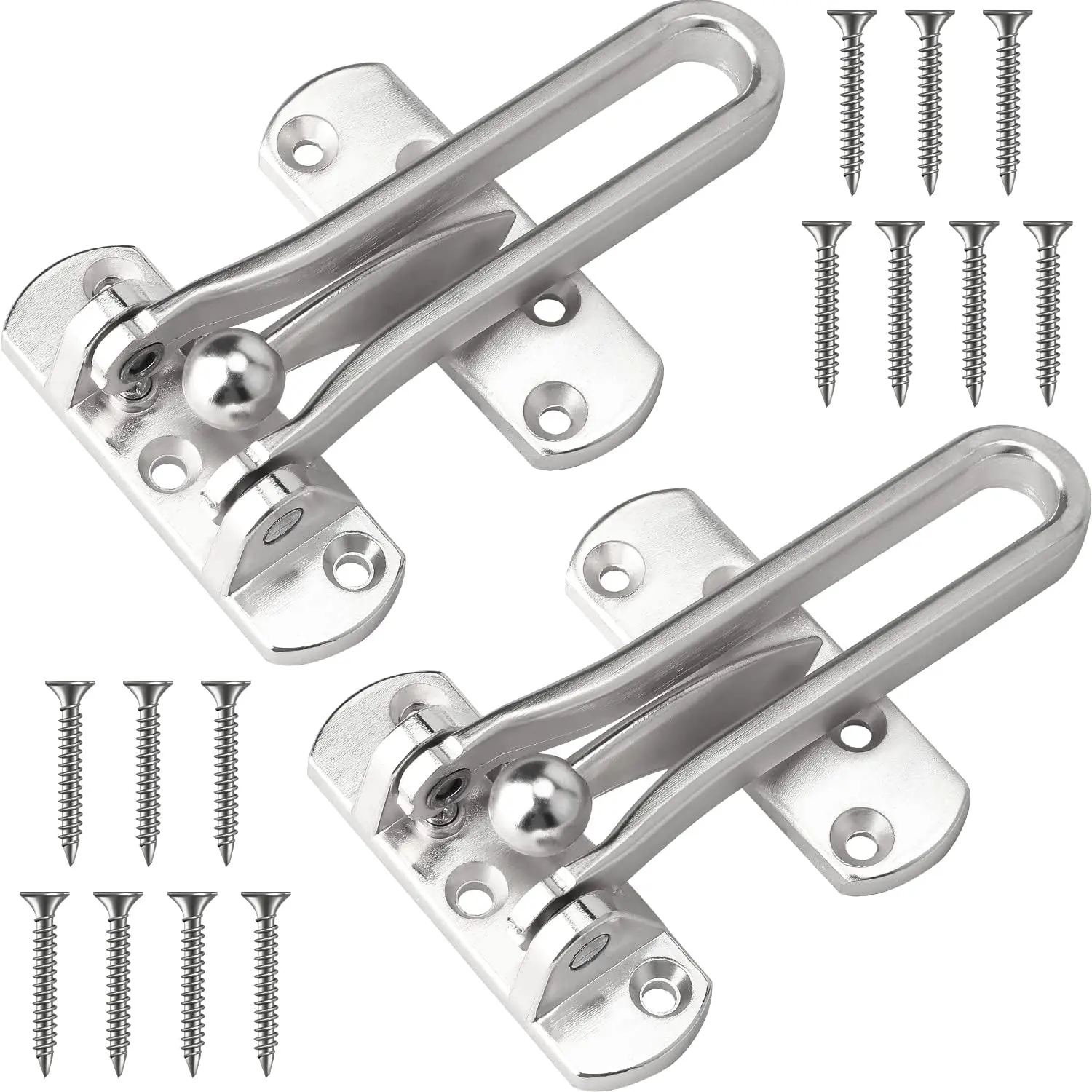 Thickened Aluminium Alloy Door Reinforcement Lock with Latch + Screws, Swing Bars, Front Door Locks for Home Security & Kids Safety (Silver, 2 Pack)