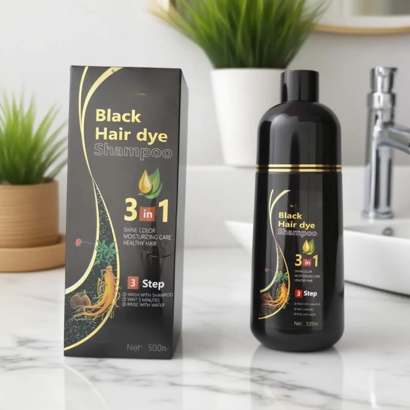 3-in-1 Black Semi Permanent Hair Color Shampoo, Quick At Home Gray Coverage Dye Shampoo, Gentle DIY Hair Coloring Treatment for Men & Women Daily Hair Care
