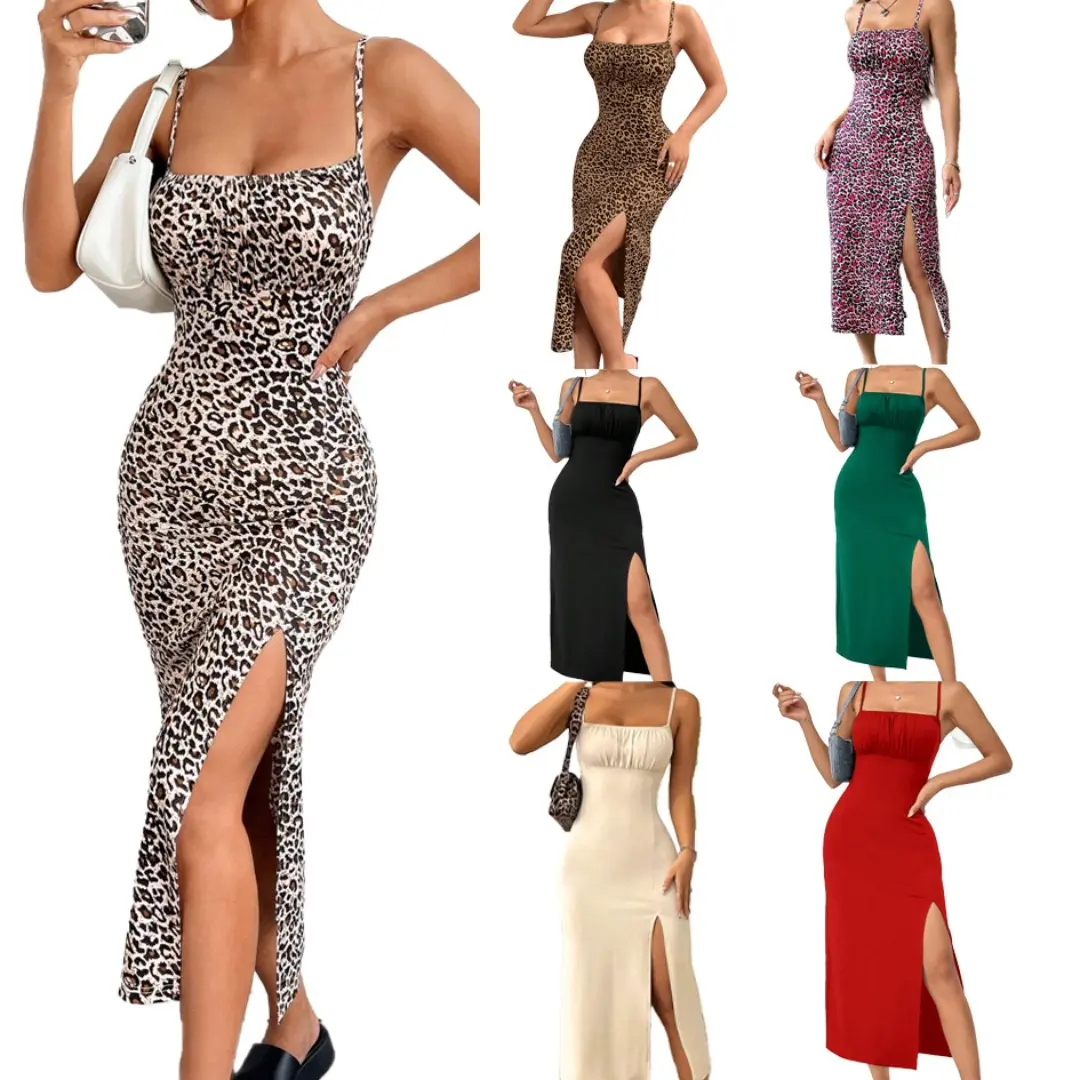 Suspender-wrapped Chest High Slit Leopard Print Hip-wrapped Long Dress