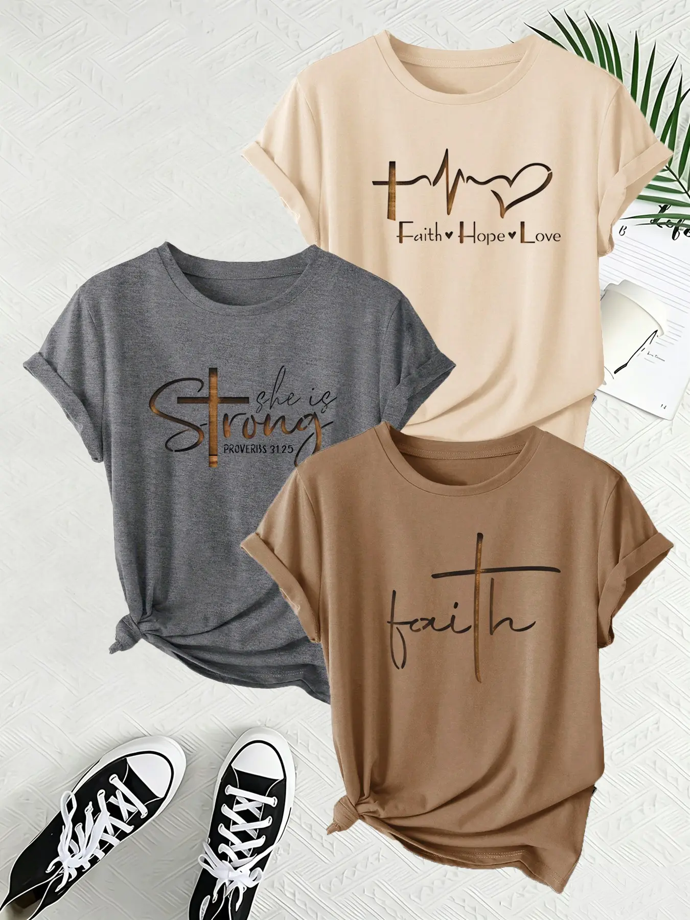 3-Pack Women's Faith Theme Print Short Sleeve T-Shirts, Casual Round Neck Sports Tees, Soft Stretch Top, Spring Summer Daily Wear
