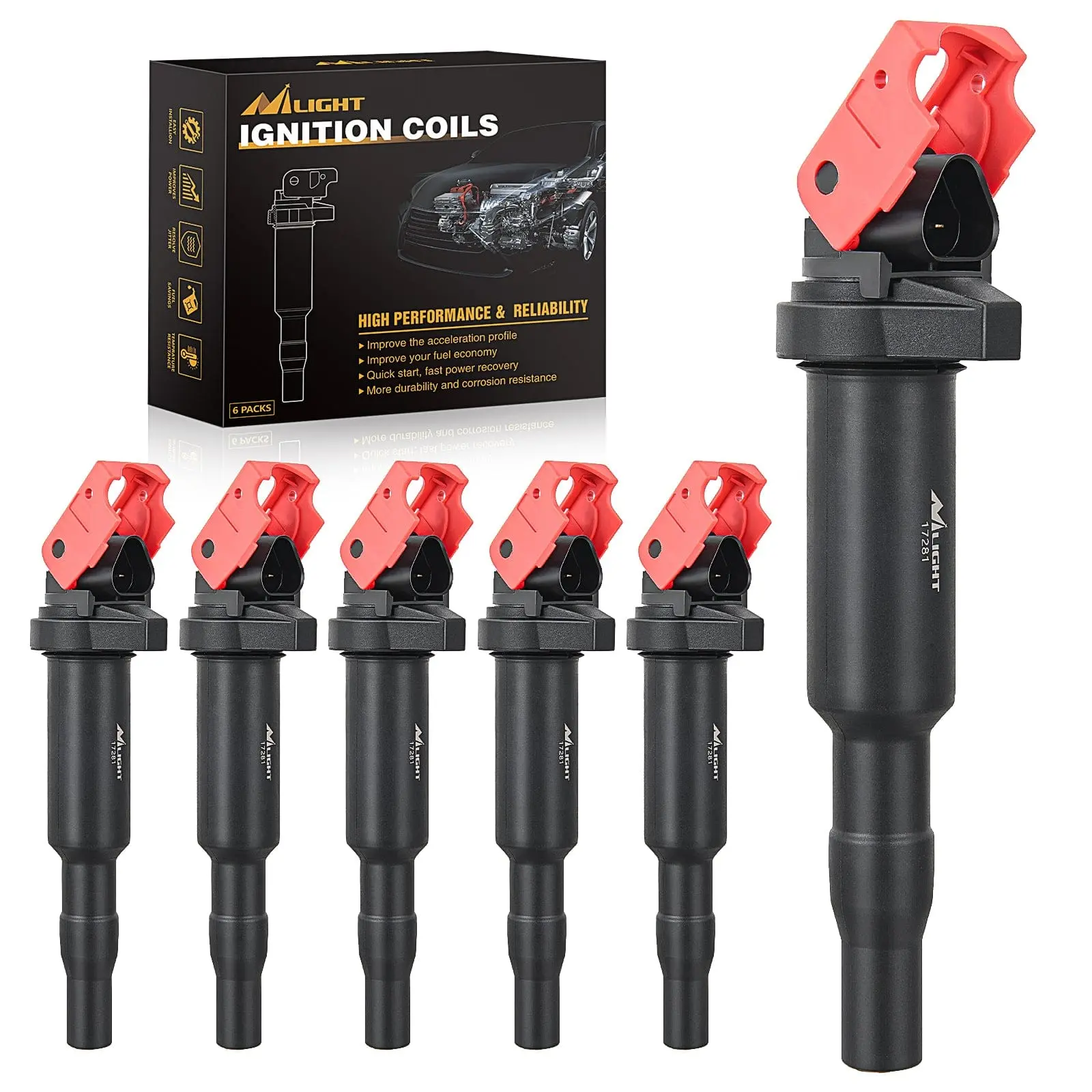 Nilight 6-Pack Ignition Coils (UF592, C1638, 0221504470) - 3-Pins, Pre-Greased, Shock-Resistant, Copper Wire, Long-Lasting, Easy Install, High Efficiency Automotive Replacement for BMW (2.5/3.0/4.4/4.8L Engines), Durable