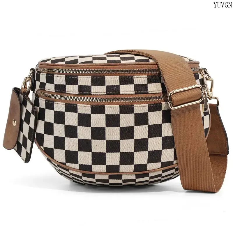 Women's 2026 Trendy Retro Plaid Canvas Bum Bag - Black and White Checkered, Adjustable Shoulder Strap, Multi-Zip Pockets, Easy Carry Bags for Women, Outdoor Gym Accessory for School, Travel