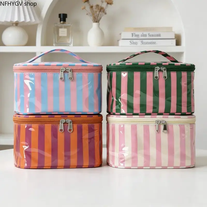 Color Block Striped Glossy Makeup Bag, Large Capacity Waterproof PVC Spill Resistant Handheld Cosmetic Organizer, Travel Wash Pouch Accessory For Daily Skincare Storage Gym Use Business Trips Weekend Vacation Casual Item Arrangement Styling Use