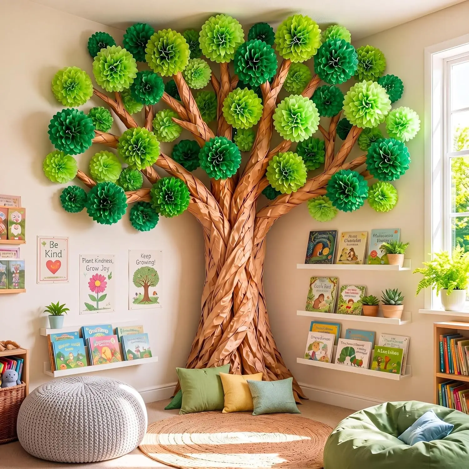 DIY 3D Kraft Paper Tree Set Assembly Kit - Classroom Bulletin Board Wall Decor, 8/10/12 In Green Cardboard Tree with Paper Pom Poms for Elementary School Teachers, Diy Kit, 3D Decoration