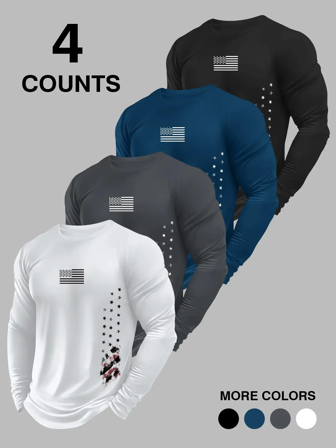 Men's Fashion Autumn Patriotic Round Neck Long Sleeve T-Shirt, 4-Pack Casual Fitted Top, Ideal for Fitness, Outdoor Activities, Daily Wear