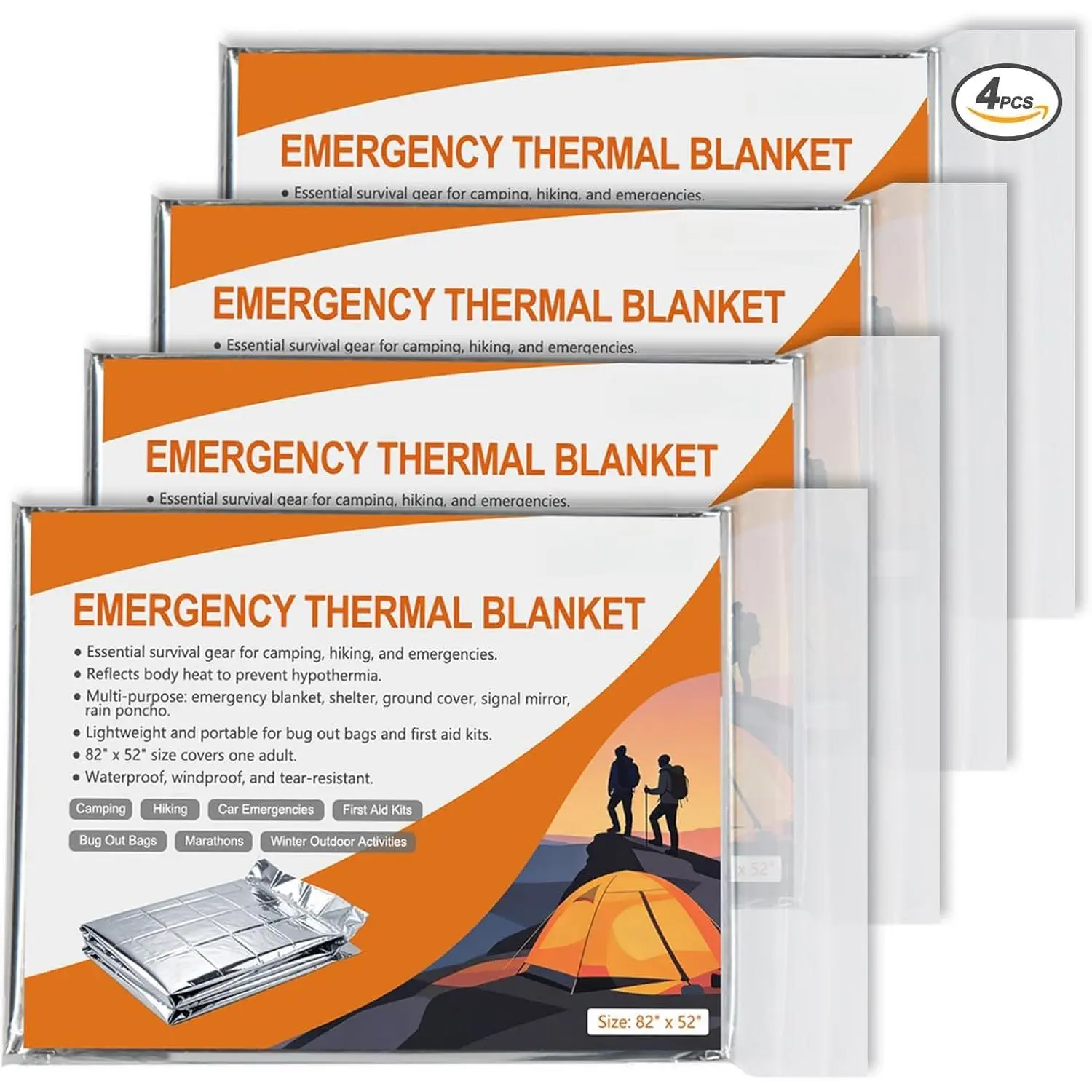 Mylar Thermal Blankets 4-Pack – 82"x52" Space Blankets for Camping, Hiking, ,  ,  Out Bag, and Cold Winter Outdoor Activities