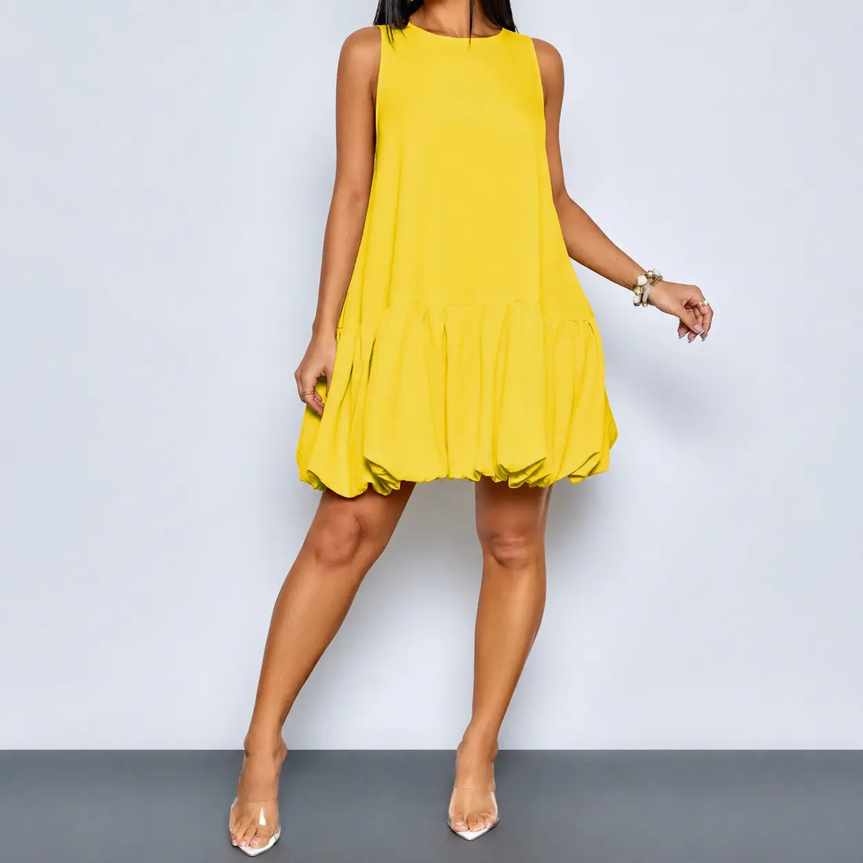 Women's Casual Lady Round Neck Bubble Hem Tank Dress - Loose Fit, Plain, Elegant Chic, All Seasons Wear for Summer Parties, Sleeveless, Machine Wash, Basic