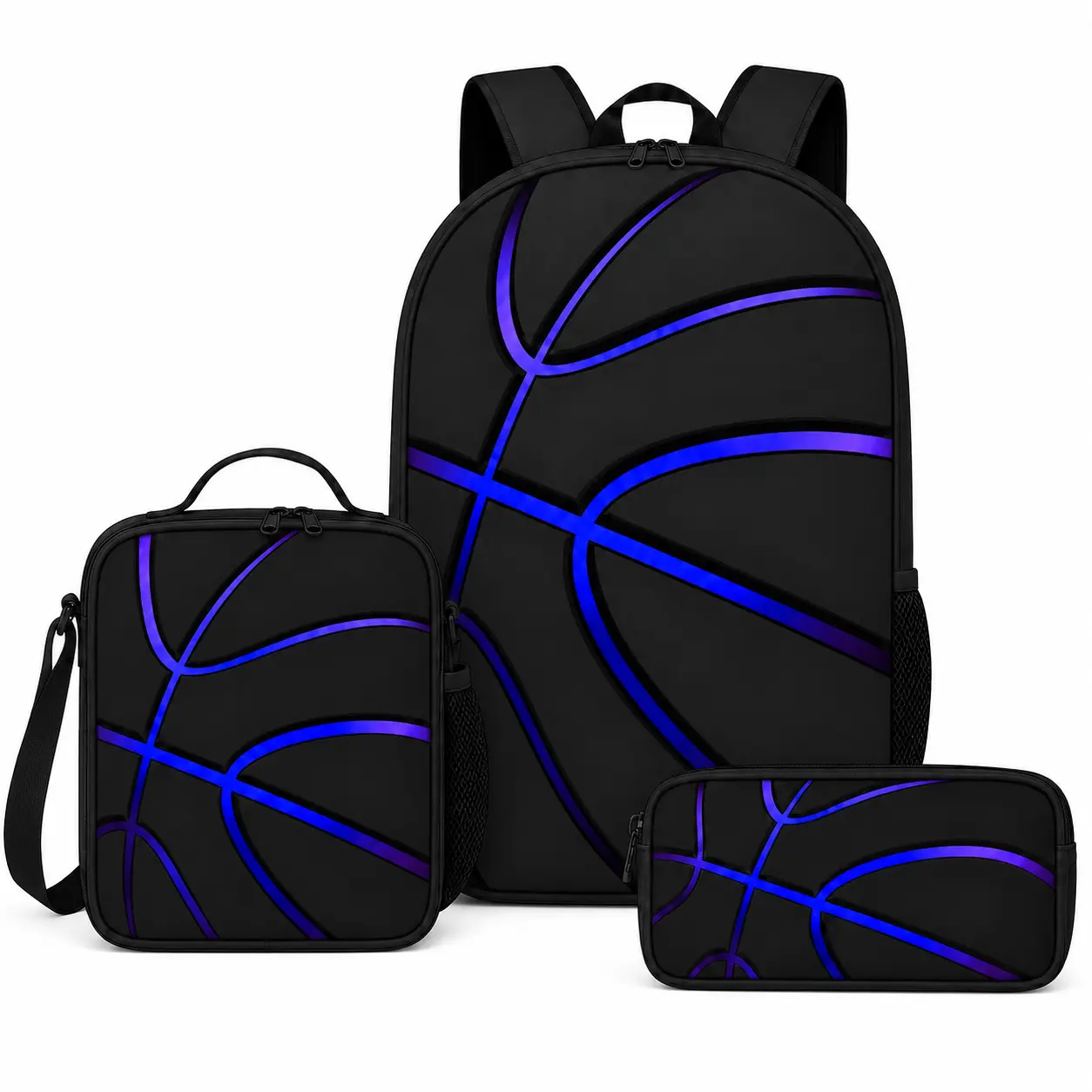 3PCS Backpack Set, Basketball Pattern Print School Backpack with Lunch Bag and Pencil Case, Black Blue Sports Graphic Large Capacity Oxford Cloth Bookbag, Lightweight Travel Bag with Adjustable Shoulder Straps, Back to School Gift for Boys Girls