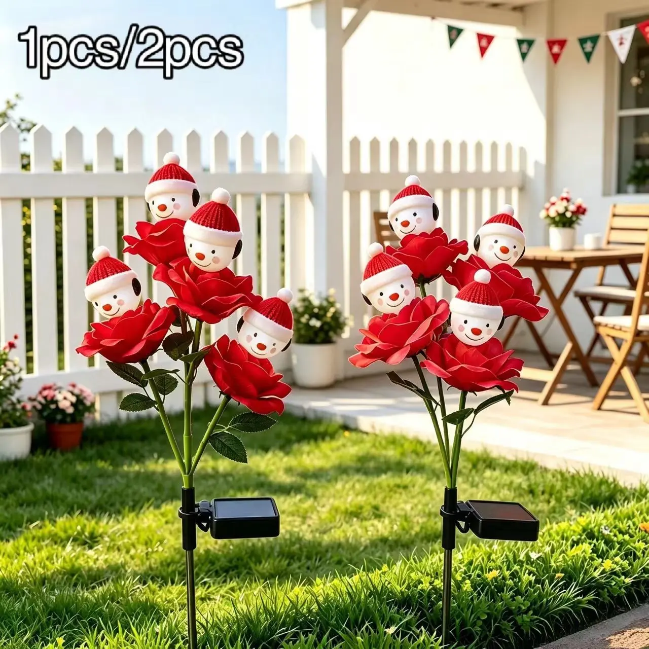 Christmas Snowman Rose Solar Garden Stake Light, Warm /colorful Dual Choice, Wireless Outdoor Decorative Lamp, 2-Pack or 1-Pack