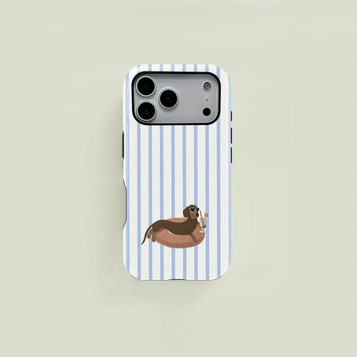 Blue and white striped cartoon dachshund design for a fun summer look. Durable 2-in-1 protective case, MagSafe compatible, suitable for iPhone 17/16/15/14/13/12/11 Pro Max/Plus/Pro. Drop-proof phone case, perfect as a holiday gift.