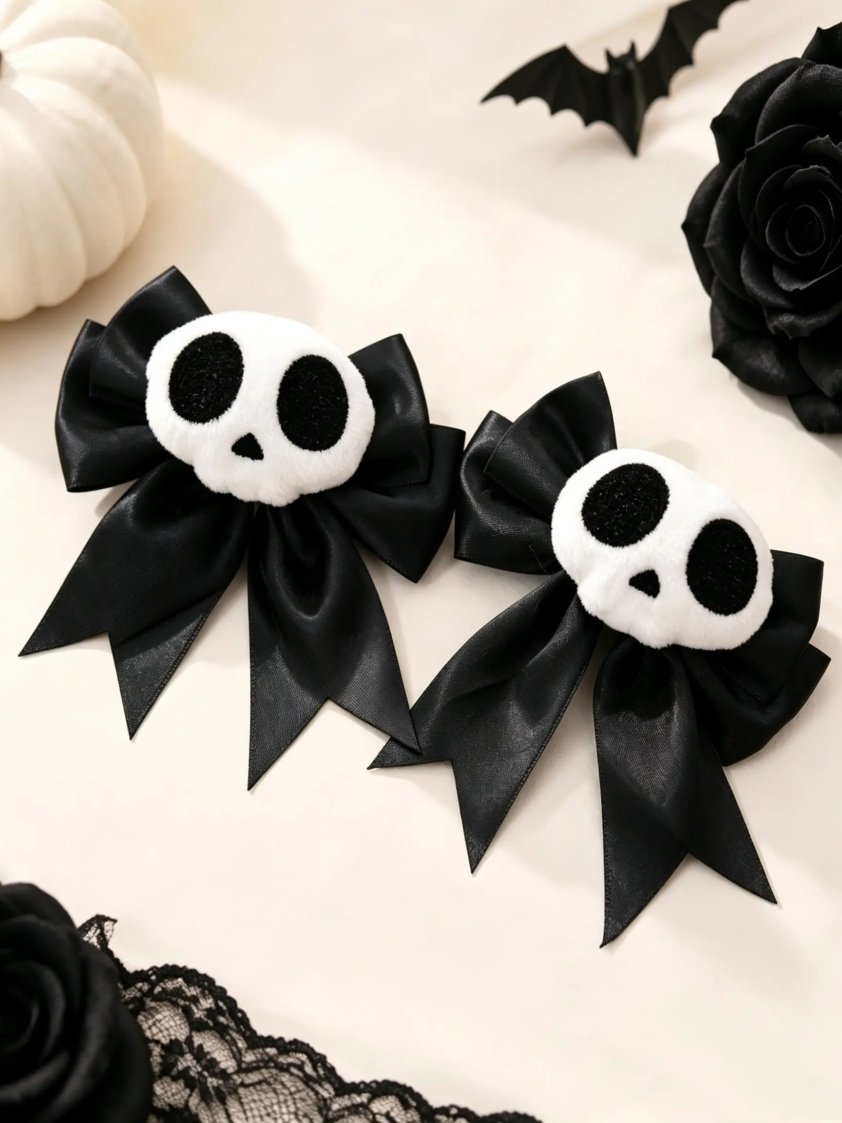 2 Pcs Plush Skull Satin Bow Hair Clips, Gothic Halloween Hair Clips, Shocking Bow Hair Pins, for Women, Girls, Costume Party Accessories