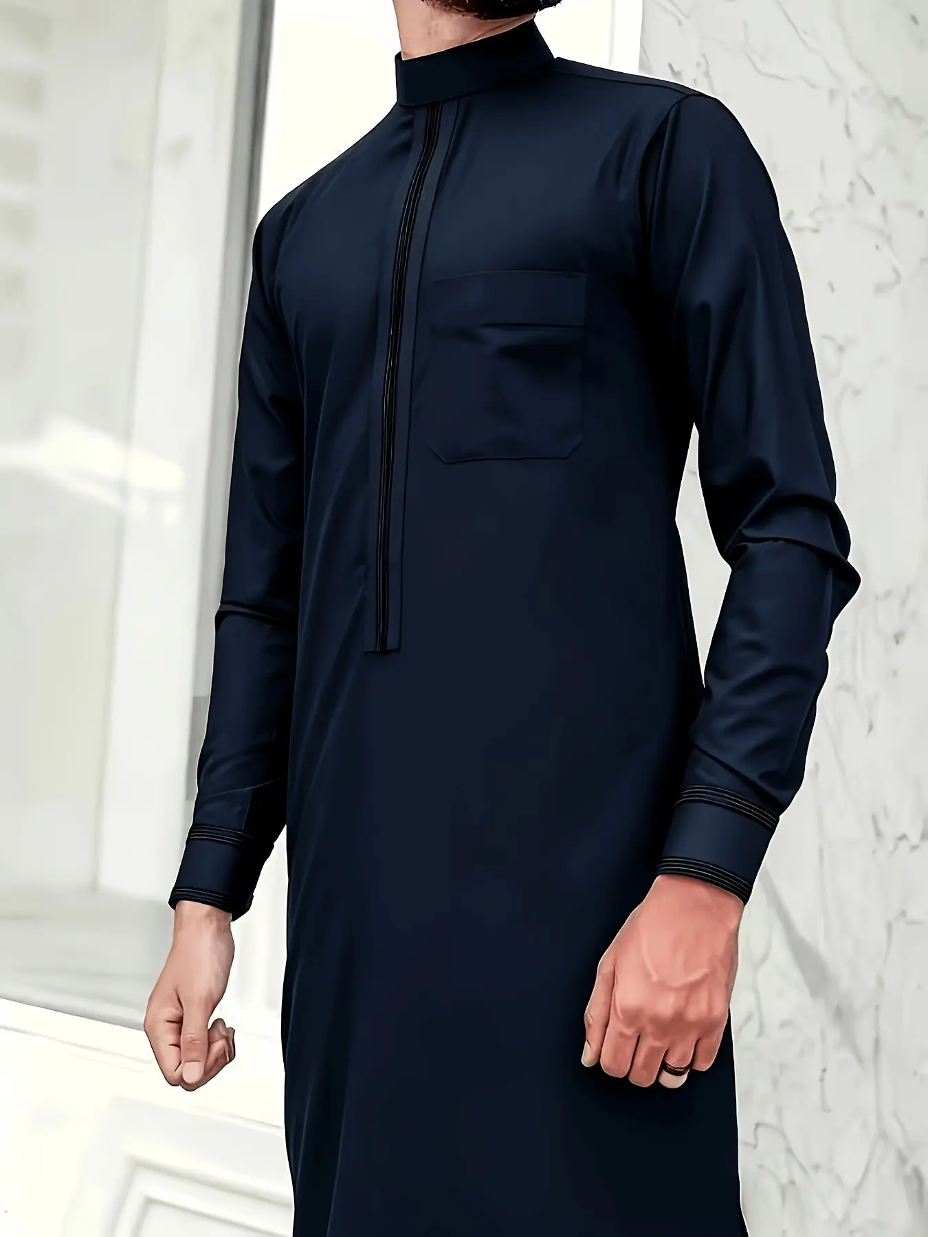 Middle Eastern Men's Traditional Long Sleeve Islamic Muslim Fasting Arab Cultural Robe, Elegant Stand Collar Robe for Eid Sacrifice Festival