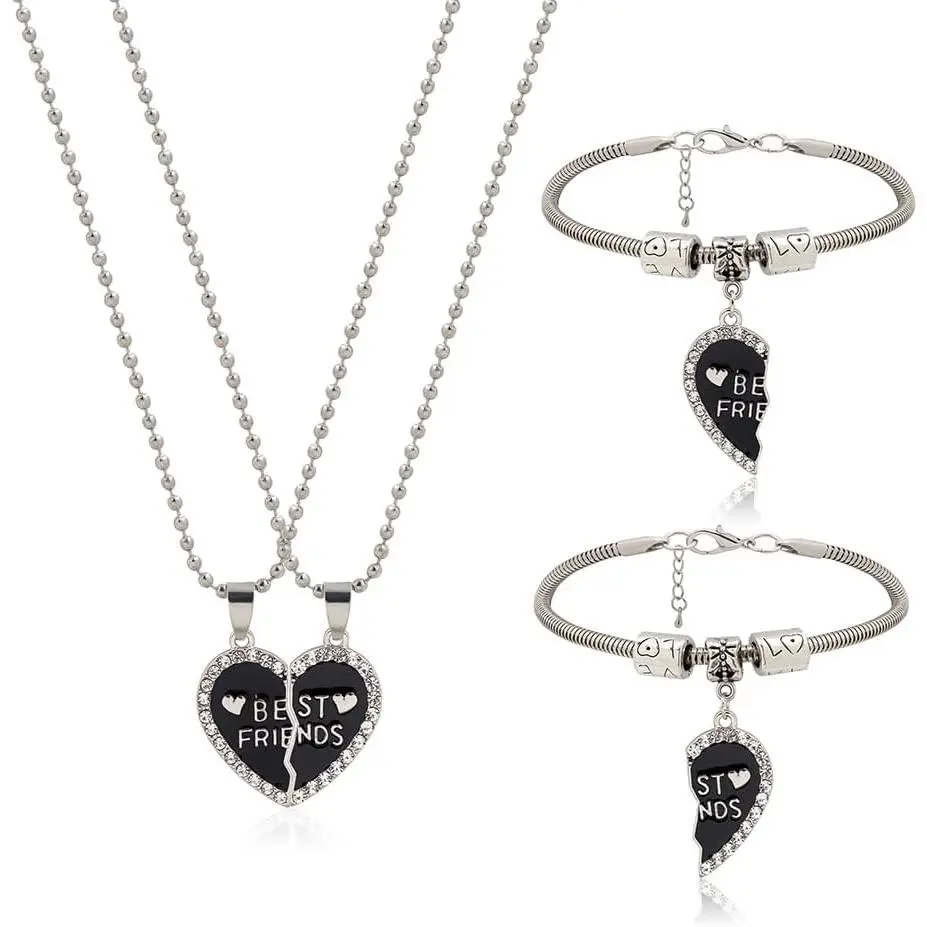 Forever Necklace and Bracelet,Engraved puzzle friendship pendant necklace and bracelet set of 4,  Tone Alloy Rhinestone Necklace