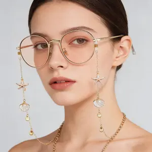 Multi-purpose lanyard made of metal with starfish, scallop and shell ornaments embedded with pearls, anti-slip and anti-drop design for hanging glasses and masks daily
