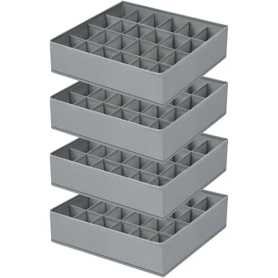 Sock Organizer 4 Pack, 24 Cell Underwear Organizer Foldable Underwear Storage, Sock and Underwear Drawer Organizer for Socks Ties Underwear Belts. (Grey)