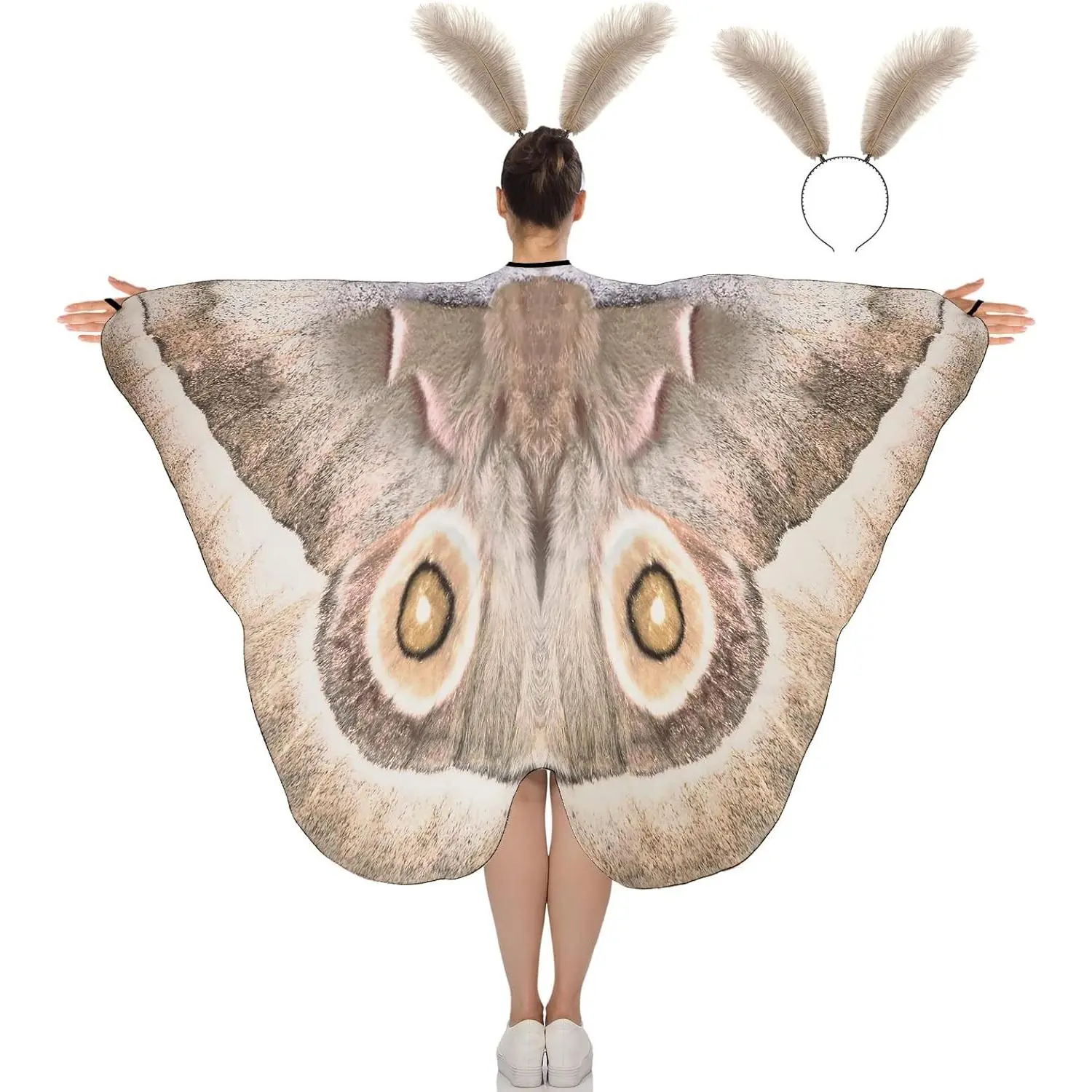 2 Pcs Halloween Moth Butterfly Wings Cape Adult Costume with Feather/Ant Headband and Moth Shawl for Women(Gift)