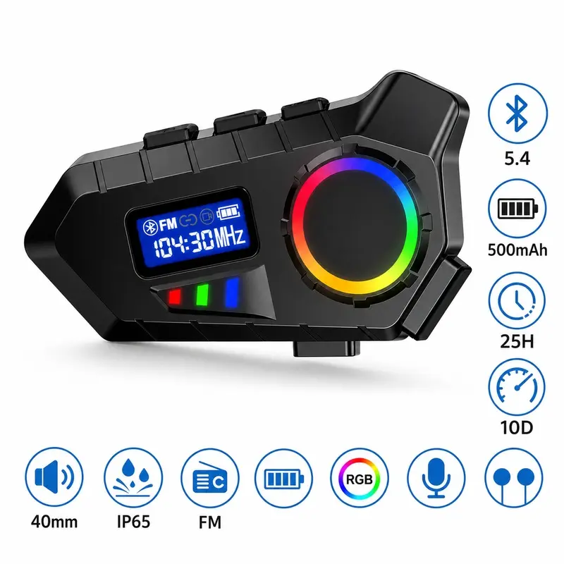Motorcycle Helmet Speaker with Bluetooth 5.4, FM Radio, 40mm Speaker, Hands-Free Calling, Ambient Light and IP65 Protection