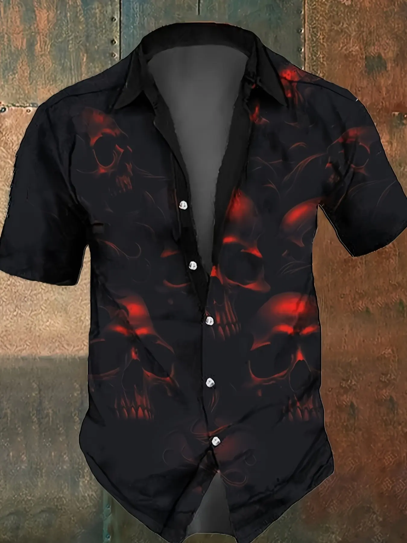 Men Halloween Spooky Party Dark Short Sleeve Button Up Shirt Red Flame Skull All Over Print Casual Printed Loose Street Casual Streetwear Style Menswear Fashion Blouse