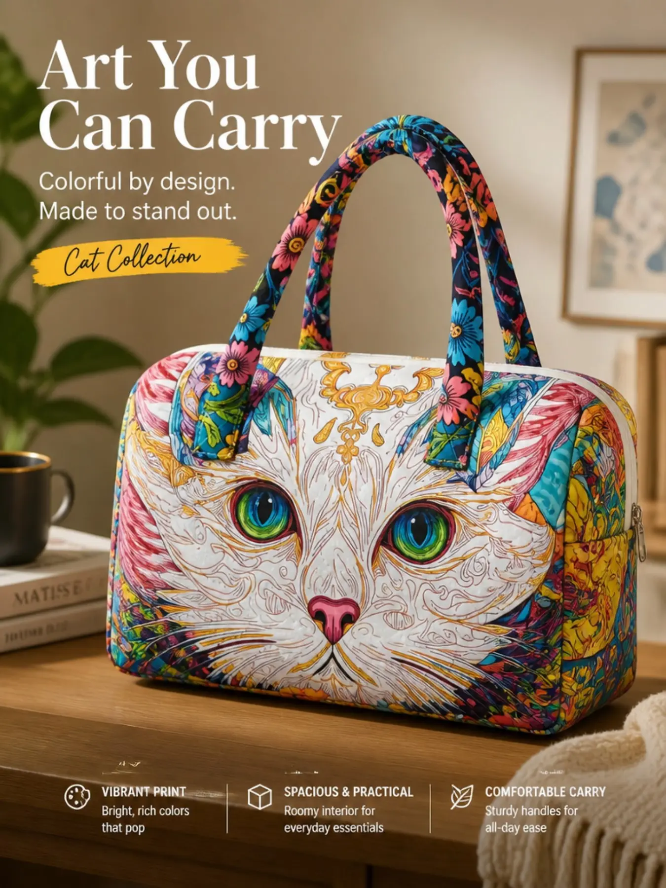 Artistic Cat Pattern Quilted Handbag, Spacious Weekend Travel Tote, Lightweight Shoulder Bag, Ideal Gift for Cat Lovers