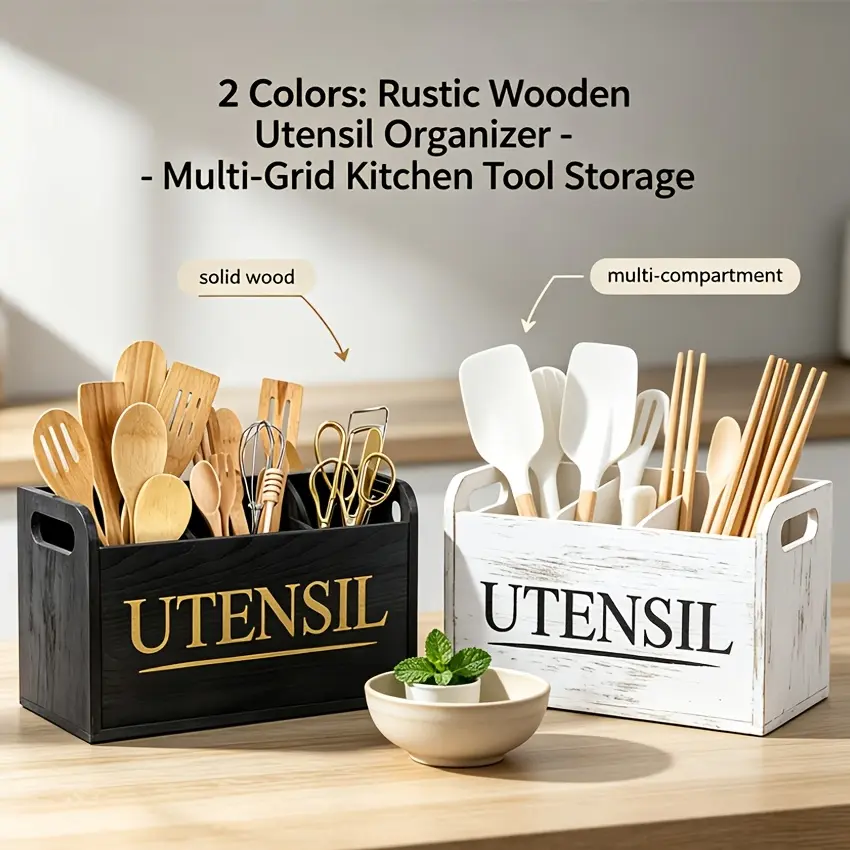Farmhouse-style rustic wooden kitchen utensil rack, 3-compartment countertop utensil storage organizer, wooden utensil basket for storing forks, spoons, knives, and cooking tools