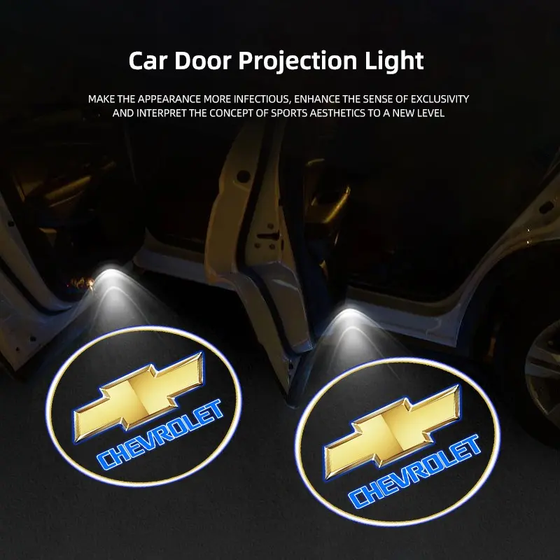 2Pcs Led HD Car Door Welcome Light ABS Projector Lamps For Chevrolet Corvette Montana TrailBlazer Silverado Traverse Camaro Suburban Equinox Bolt Cruze Malibu Colorado Trax SS Spark Captiva Onix Spin Impala Cobalt