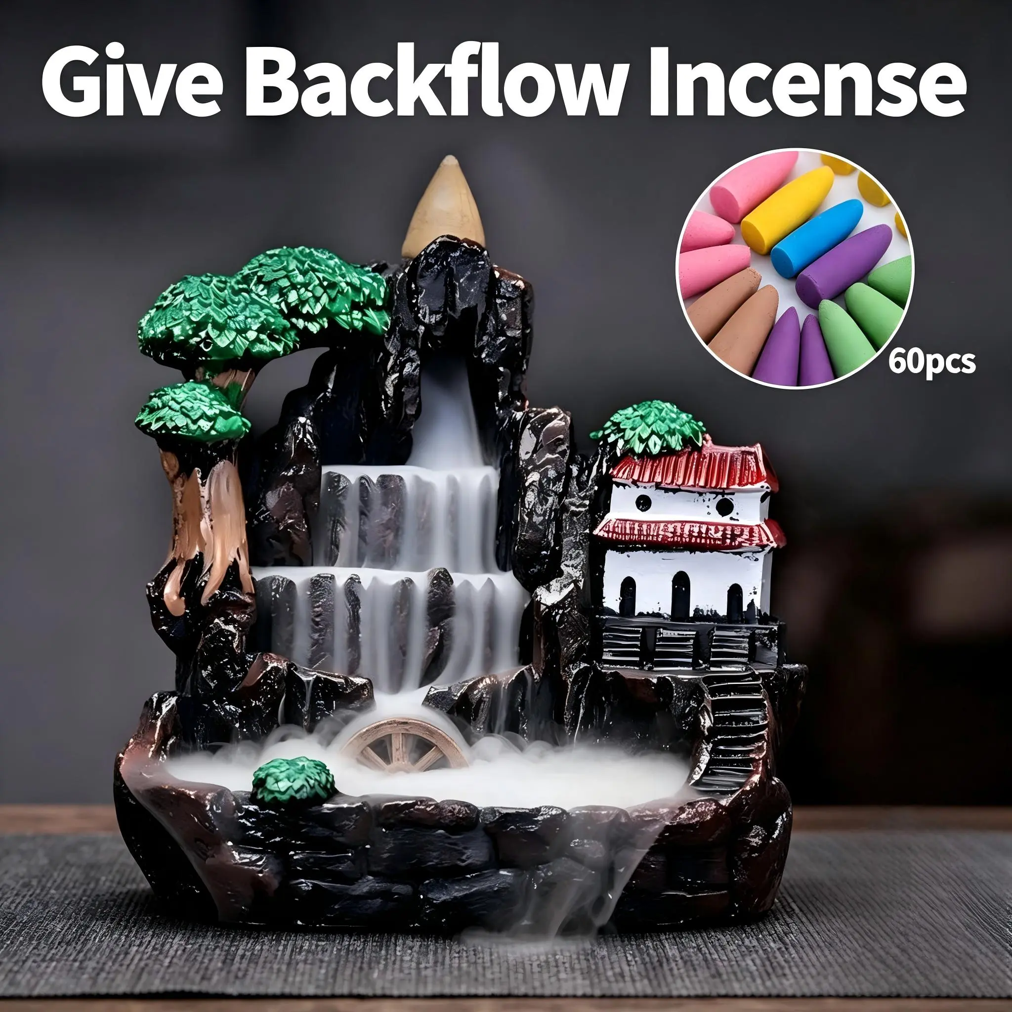 Resin Mountain Backflow Incense Burner (4.3x3.0x4.1 in) - Free 60PCS Incense Included, Waterfall Smoke Effect, Waterfall Scene, Calming Aromatherapy Decor for Meditation, Ideal Mindfulness Gift
