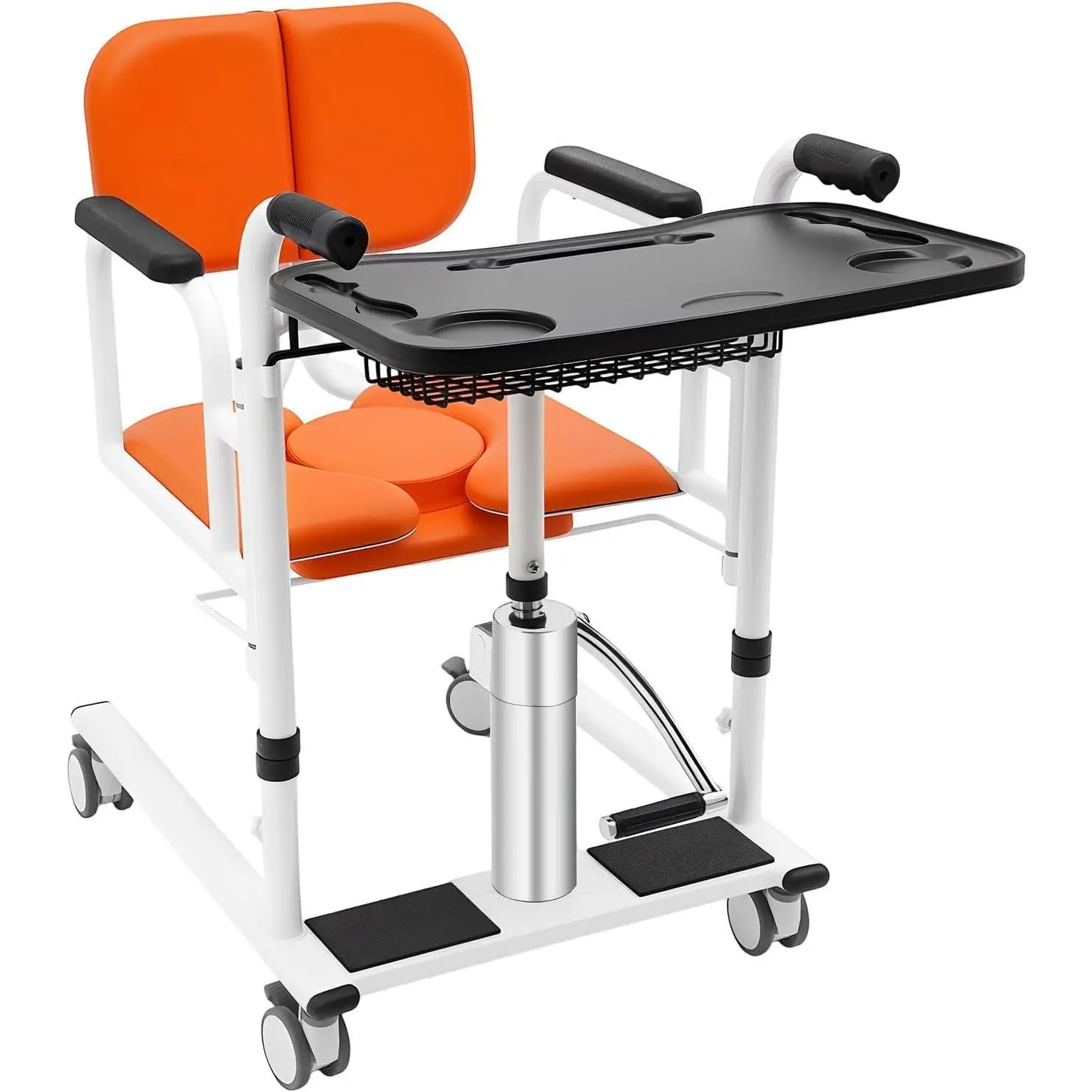 Home Use Patient Transfer Hydraulic Chair with Universal Wheels - 180° Open-Close Split Seat, Height-Adjustable Seniors Disabled Care Lifter, 1 Unit Portable Potty & Protective Covers Included