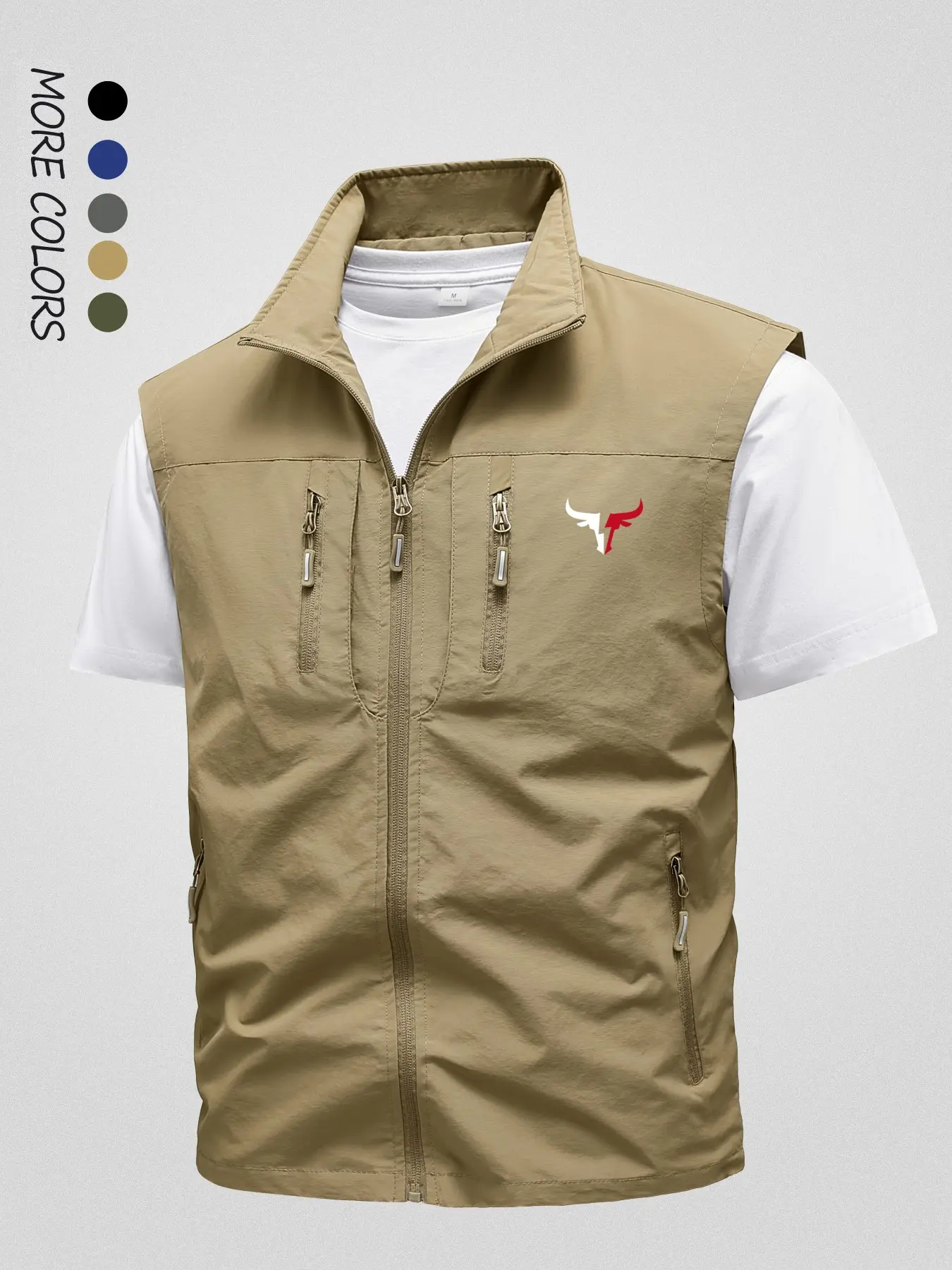 Men's Zippered Pocket Vest, Casual Stand Collar Multi-Pocket Workwear, Loose Fit Outer Jacket for Outdoor Photography Fishing, Plain Waistcoat