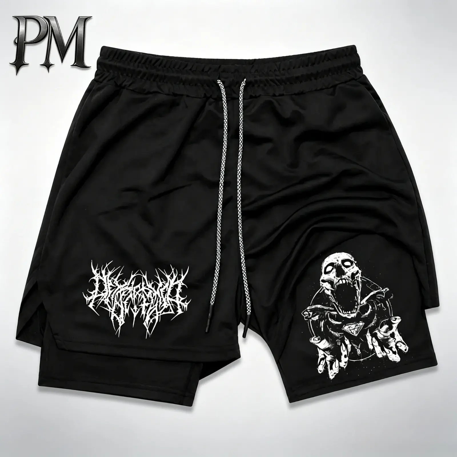 Men’s Y2K Skull 2-in-1 Running Shorts Quick-Dry Bilayer Compression Gym Athletic Training Shorts Heavy Metal Grunge Streetwear Punk Aesthetic Summer Activewear Moisture Wicking Breathable Jogging Basketball Beach Festival Holiday Gift for Men Women