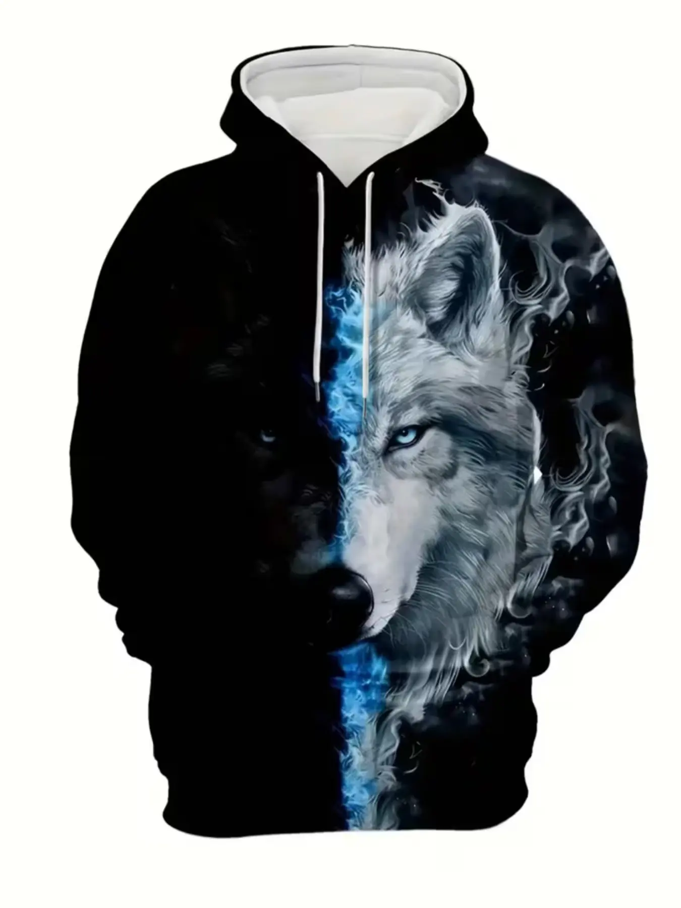 Men's 3D Wolf Head Print Long Sleeve Hoodie Sweatshirts, Casual Fitted Pullover, Drawstring & Pocket Design, All-Season Fashion Top, Menswear, Perfect Gift