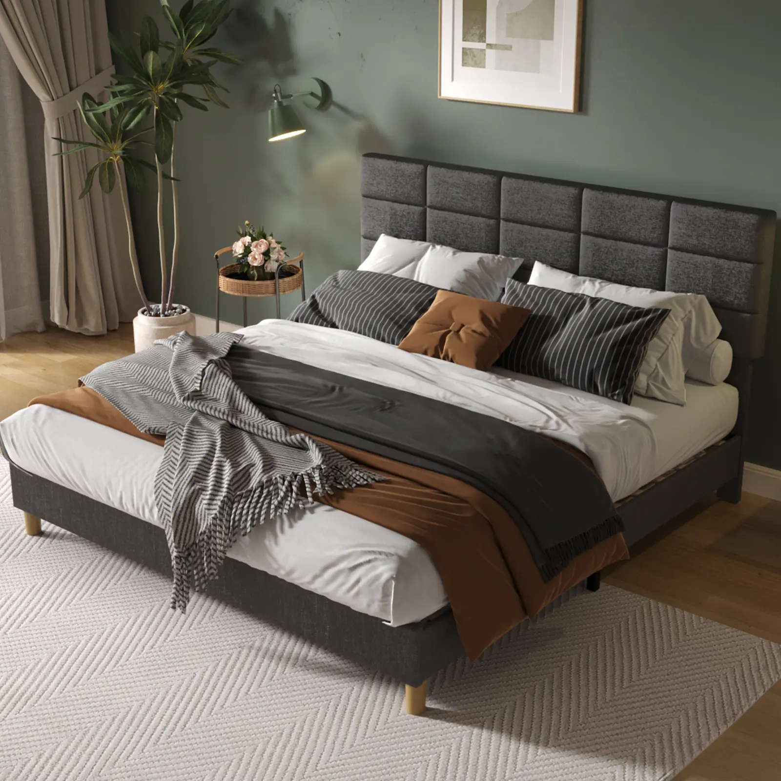 Upholstered Bed with Adjustable Headboard – Linen Platform, Wood Slat Support, Noise-Free, No Box Spring – Queen/Full/Twin – Grey