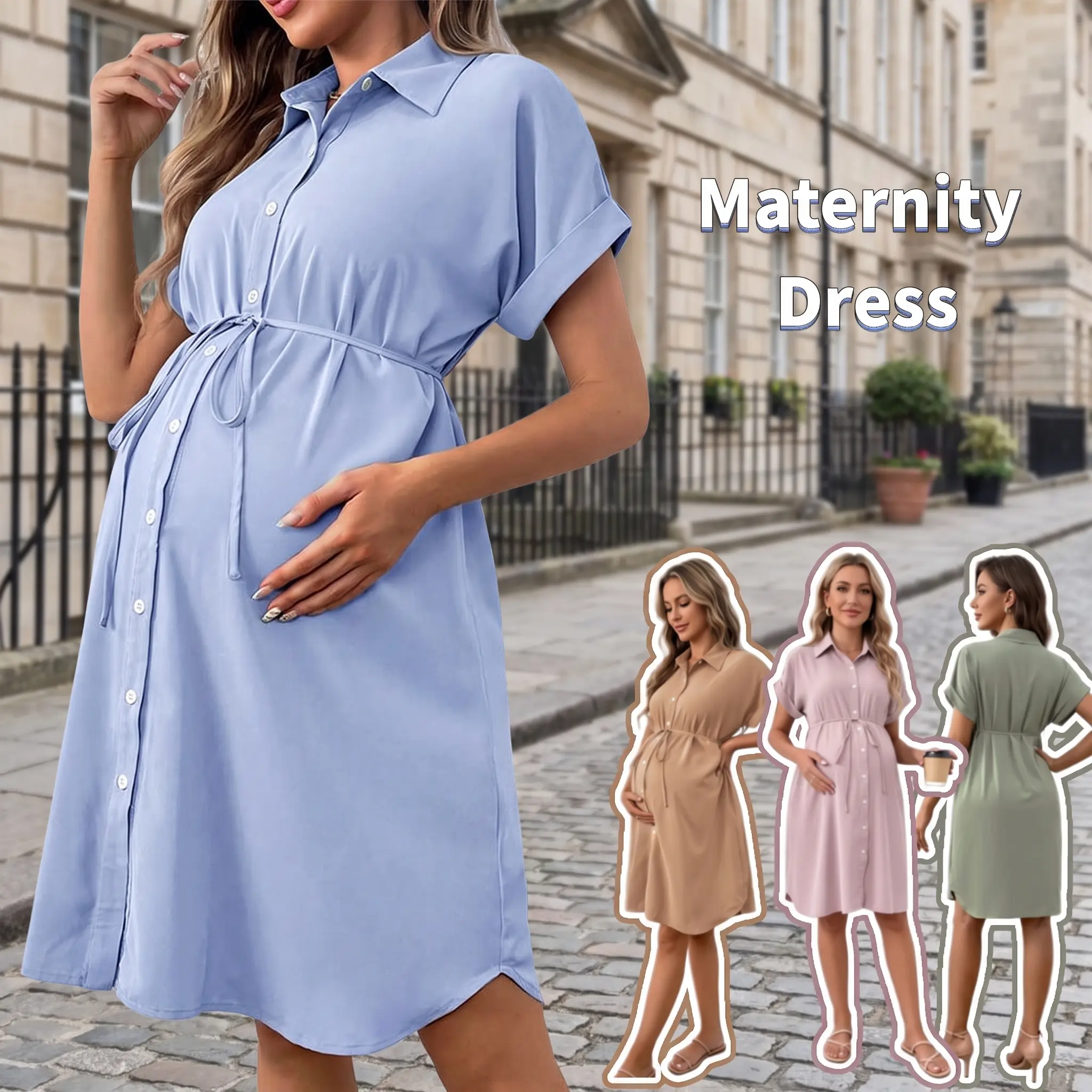 Maternity Shirt Dress Button Down Summer Pregnancy Dress with Adjustable Tie Waist Nursing Friendly Casual Dress for Baby Shower Work Vacation clothing