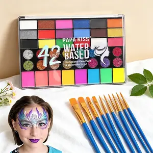 Large 42-shade water activated face makeup paint, safe hypoallergenic non-irritant texture, easy water mixing application. drawing stencils and brushes, make fun creative face styles for Halloween, birthdays and all kinds of parties.