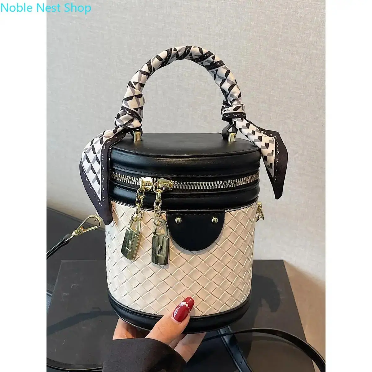 Women's Cylindrical Shape Color Block Woven Embossed Crossbody Bucket Bag - Double Lock Zip Metal Zipper Decor, Medium Size Purse, Daily Use Bags Versatile Satchel Handbag, Woven Texture
