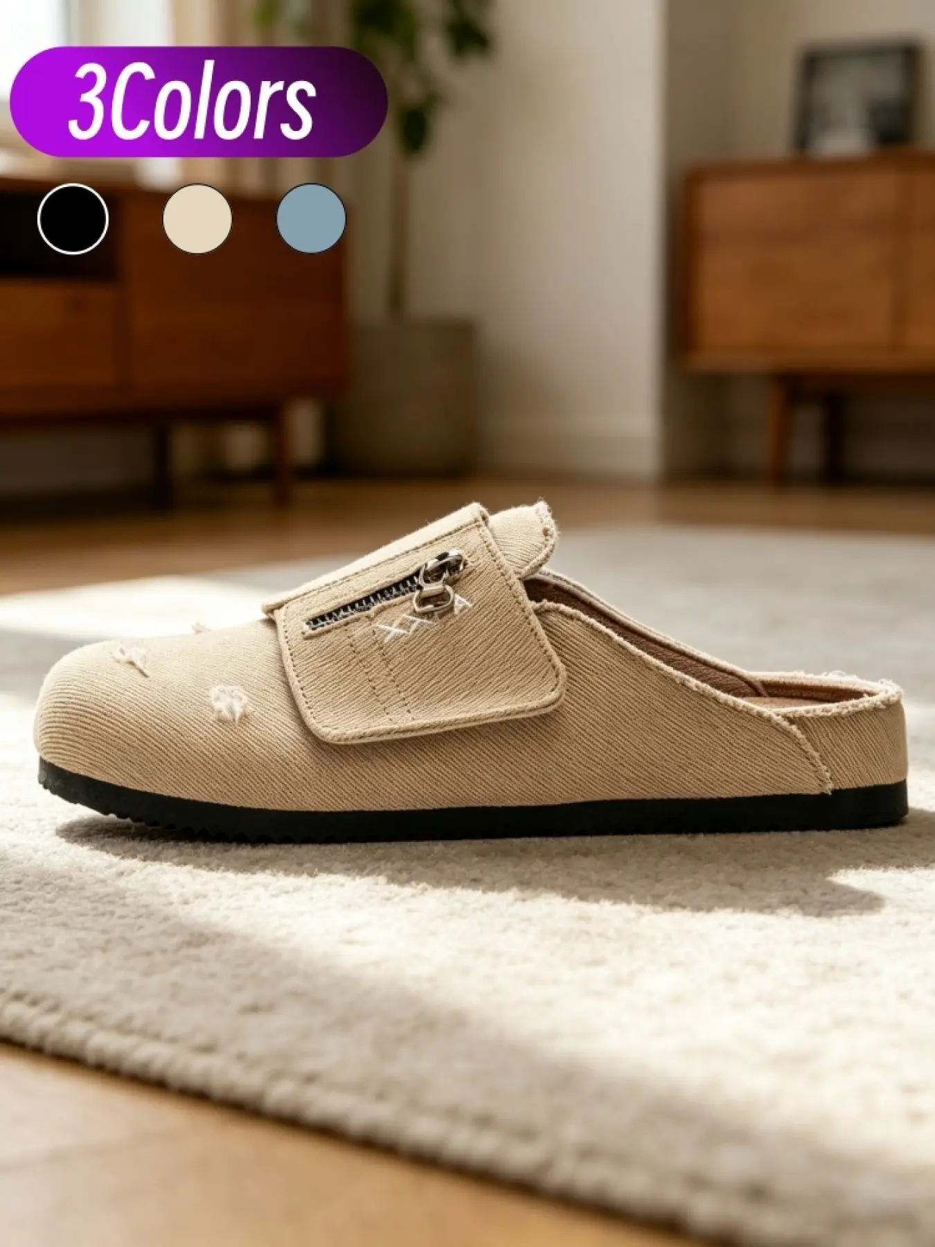 Men's Retro Denim Mule Slides Walking Shoes, Sizes 39-45, 3 Colors. Twill denim fabric with vintage frayed edges, ripped and embroidered details, metal zipper decoration. Slip-on mules with anti-slip wear-resistant thick sole for daily commute and leisure