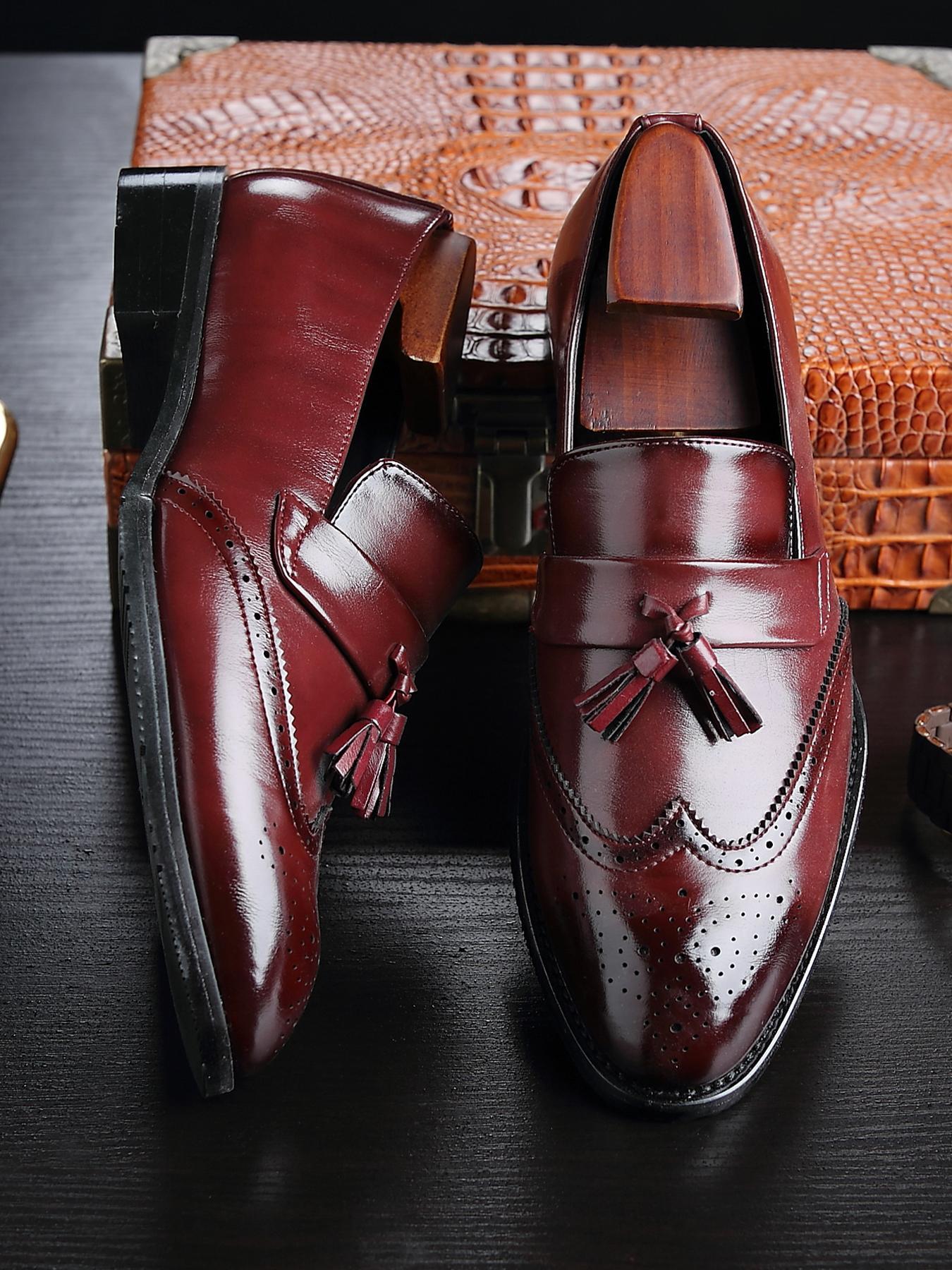 Men's Business Solid Color Classic Pointed Toe Tassel Decor Loafers, Fashionable PU Leather Dress Shoes for Work Office, Male All-match Commuter Shoes for Daily Wear