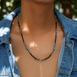 Seed Bead Clavicle Chain for Men, 2026 New Release Turquoise-Spliced Handcrafted Streetwear Bag Charm, Everyday Wear Accessory
