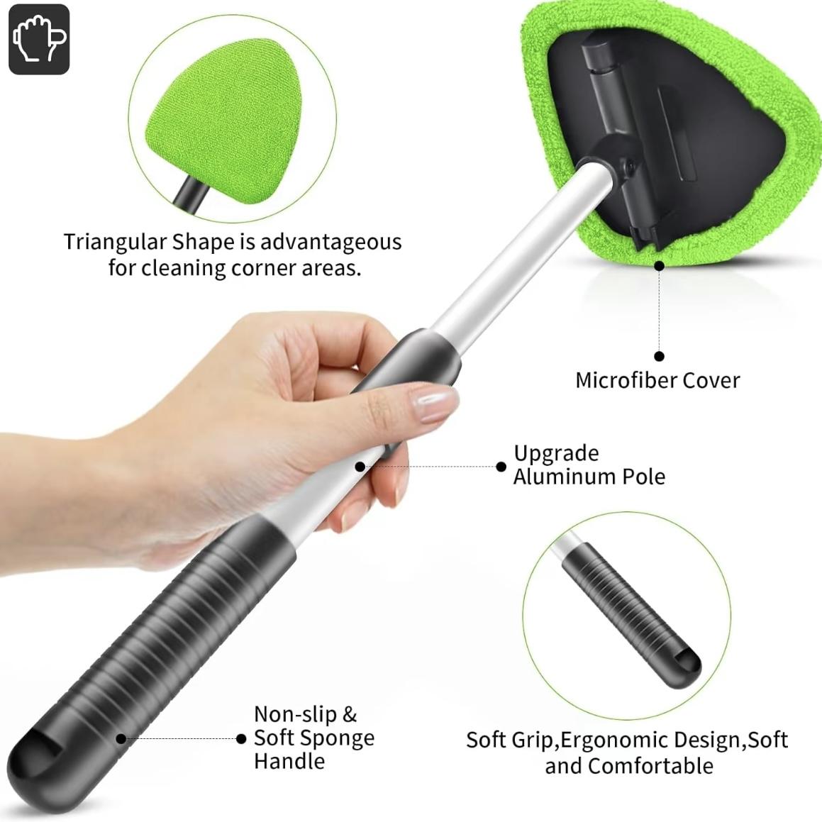 Windshield Cleaner Tool - Extendabie HandleAuto Glass Wiper Kit with 3 Reusable Washable Microfiber Pads,Perfect for Car Interior & Exterior,Cleans Dirty Windows Easily.