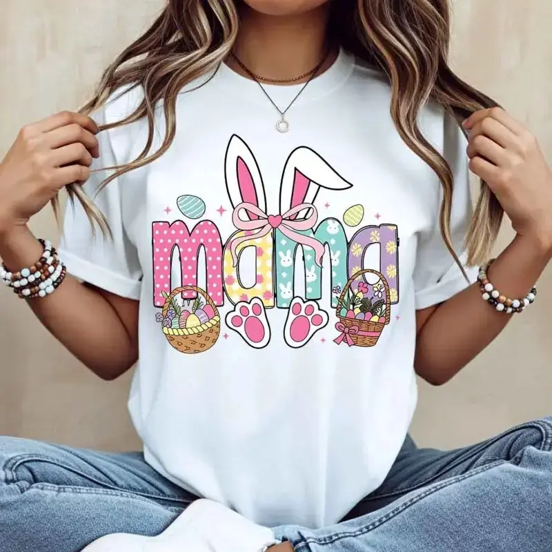 Easter Bunny Mama Graphic T-Shirt, Cute Bunny Ears & Paw Print Mom Tee, Easter Basket Spring Shirt for Women, Funny Mama Graphic Top, Easter Celebration Outfit, Mom Gift