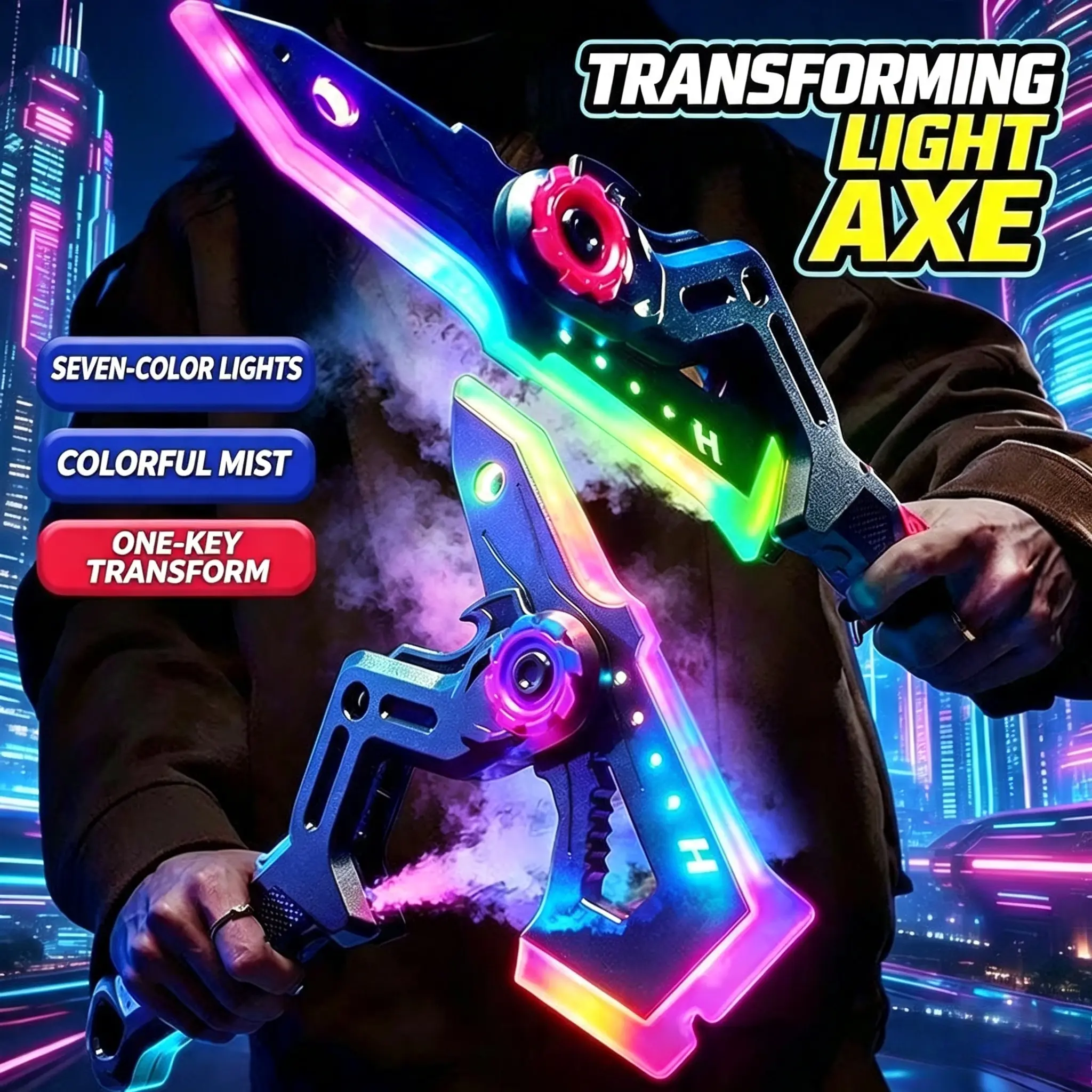 2 in 1 Cyberpunk Sword Axe Lightsaber Toy with Sound & Fog, Eight-Color Streaming Light Effect, Type-C Rechargeable for Rave, Cosplay & Display Perfect Easter Gift