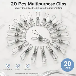 20Pcs Multipurpose Stainless Steel Clips, Rust-Resistant Strong Grip Clothes Pegs for Laundry, Home & Office Use
