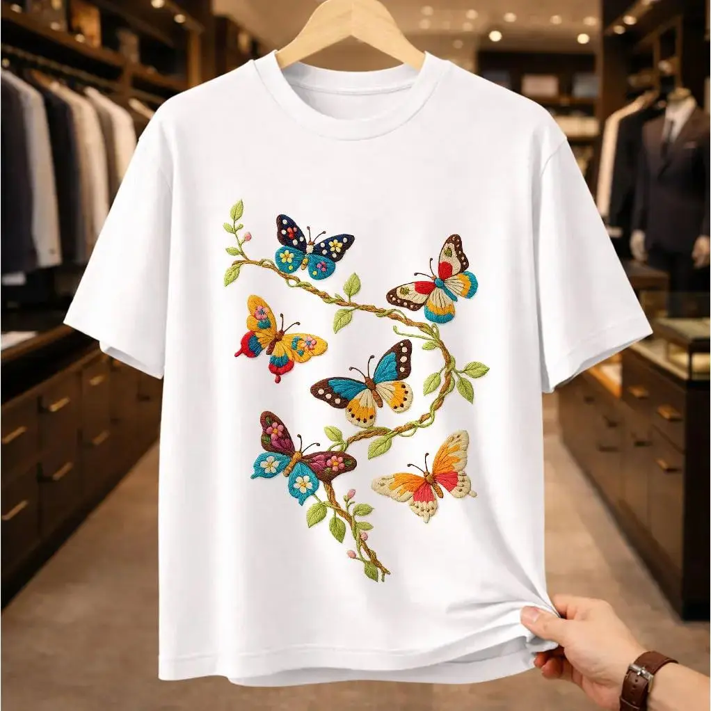 Vintage Butterfly Embroidered Graphic T-Shirt |   Boho Floral Butterfly Tee |   Cottagecore Aesthetic Nature Shirt |   Folk Art Butterfly Gift for Her soft cotton