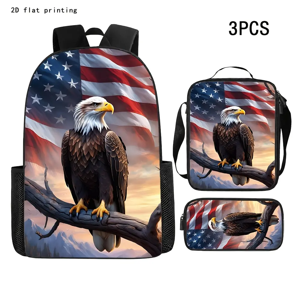 Patriotic Teens' 3-Piece Oxford Cloth Backpack Set Pack - Back to School, Waterproof, Durable, Lightweight, 15in Laptop Bag with Soft Padded Straps, Lunch Box, Zipper Closures, Sunset Mountain American Flag Bald Eagle Graphic