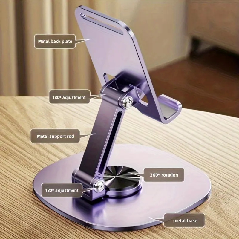 Aluminum Alloy Phone Stand – Waterproof 360° Rotating Desktop Stand, 2-Level Adjustable Foldable Design, Suitable for Office Desks and Nightstands, Cell Phone Holder