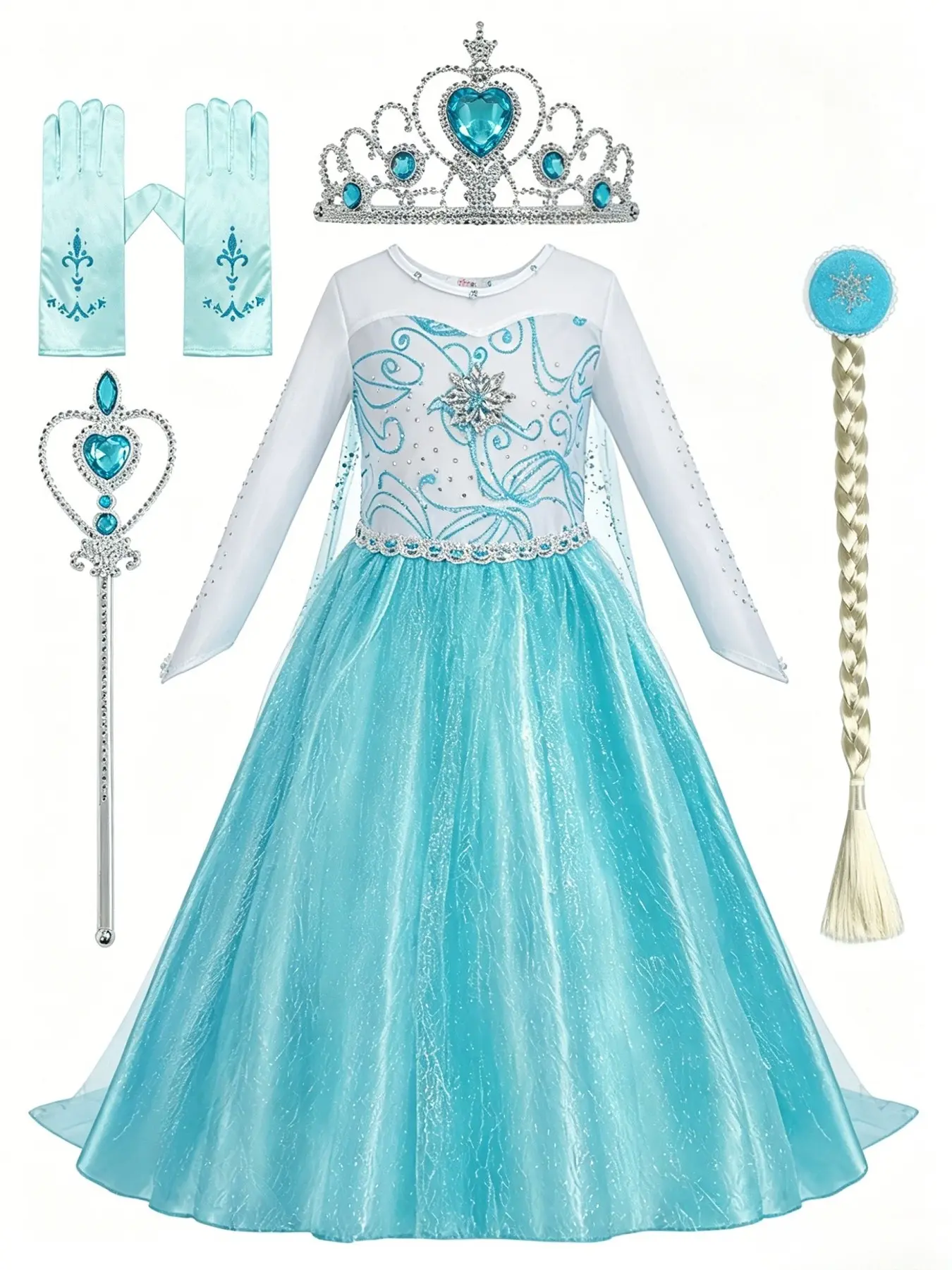 5-Piece Set, Girls' Dreamy Ice Blue Long Sleeve Princess Dress, Sparkly Silver Color Tutu Skirt, Birthday Party with Accessories