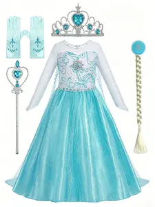 Little Girl Elsa Style Long Sleeve Princess Dress Birthday Party Set with Accessories, Elegant Kids Costume for Special Occasions