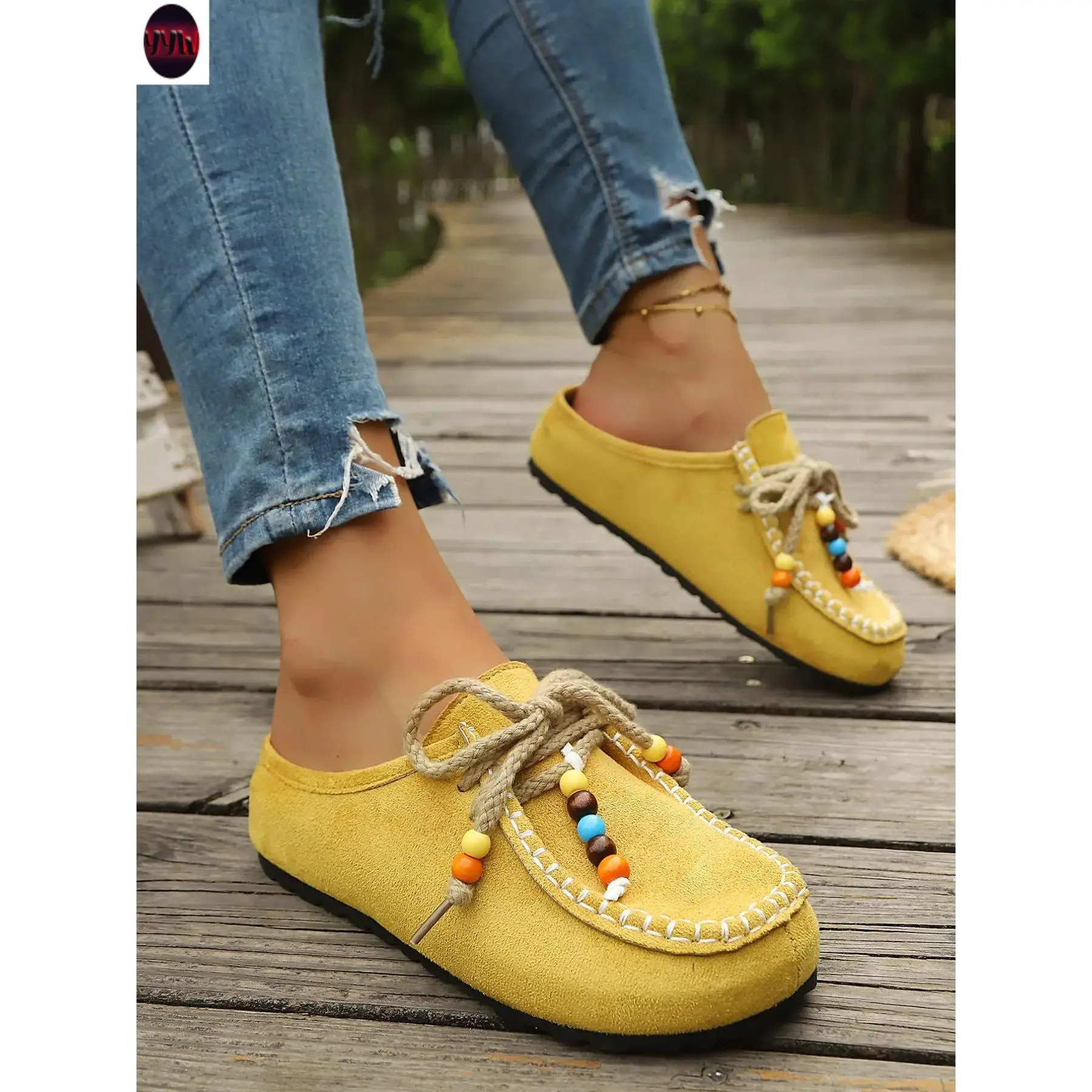 Women's YYW1 Bohemian Beaded Strap Slip-On Mules - Vintage Ethnic Style, Textile Upper, Rubber Sole, Breathable, Beads Decor, Casual Outings, All-Season Shoes